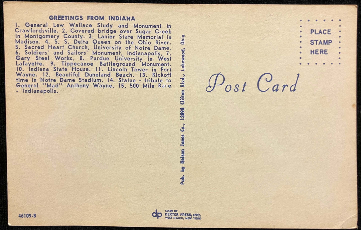 Greetings from Indiana The Hoosier State - Vintage Postcard
