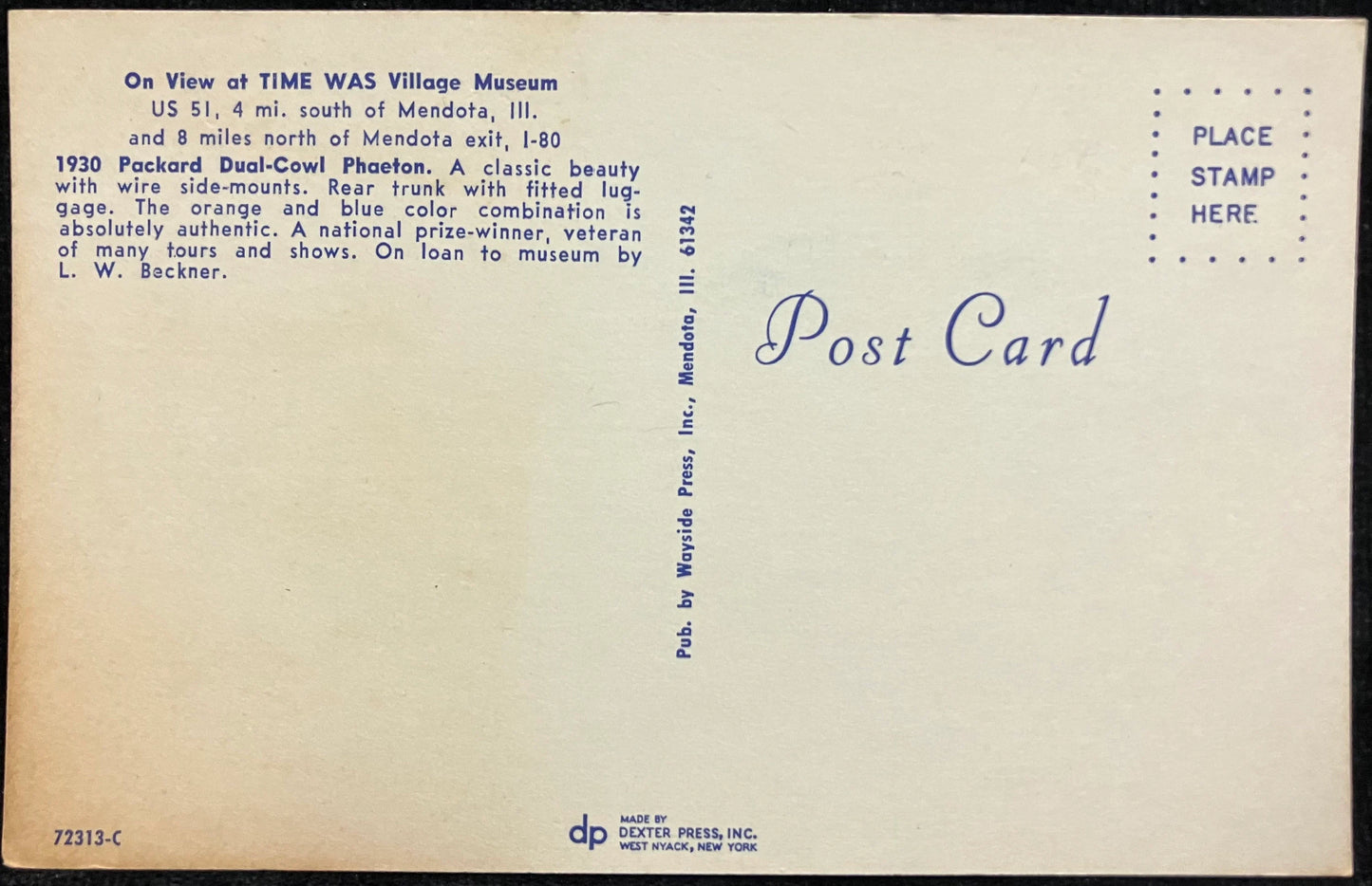 1930 Packard Dual-Cowl Phaeton at the Time Was Village Museum in Mendota, Illinois - Vintage Museum Postcard