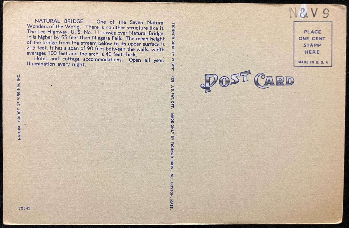 Greetings From Natural Bridge, Virginia - Natural Bridge Hotel - Higher than Niagara - Old as the Dawn - Vintage Scenic Postcard