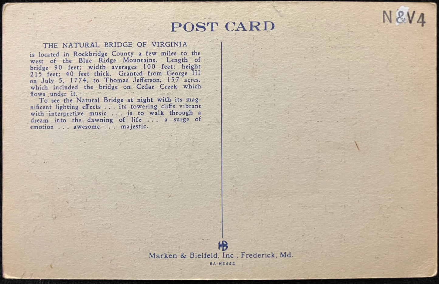 Night Illumination, “the 4th Day”, Natural Bridge, Virginia - Vintage Scenic Postcard
