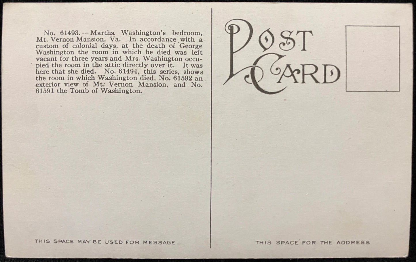 Martha Washington’s Bedroom, Mt. Vernon Mansion, Virginia - Vintage American History Postcard