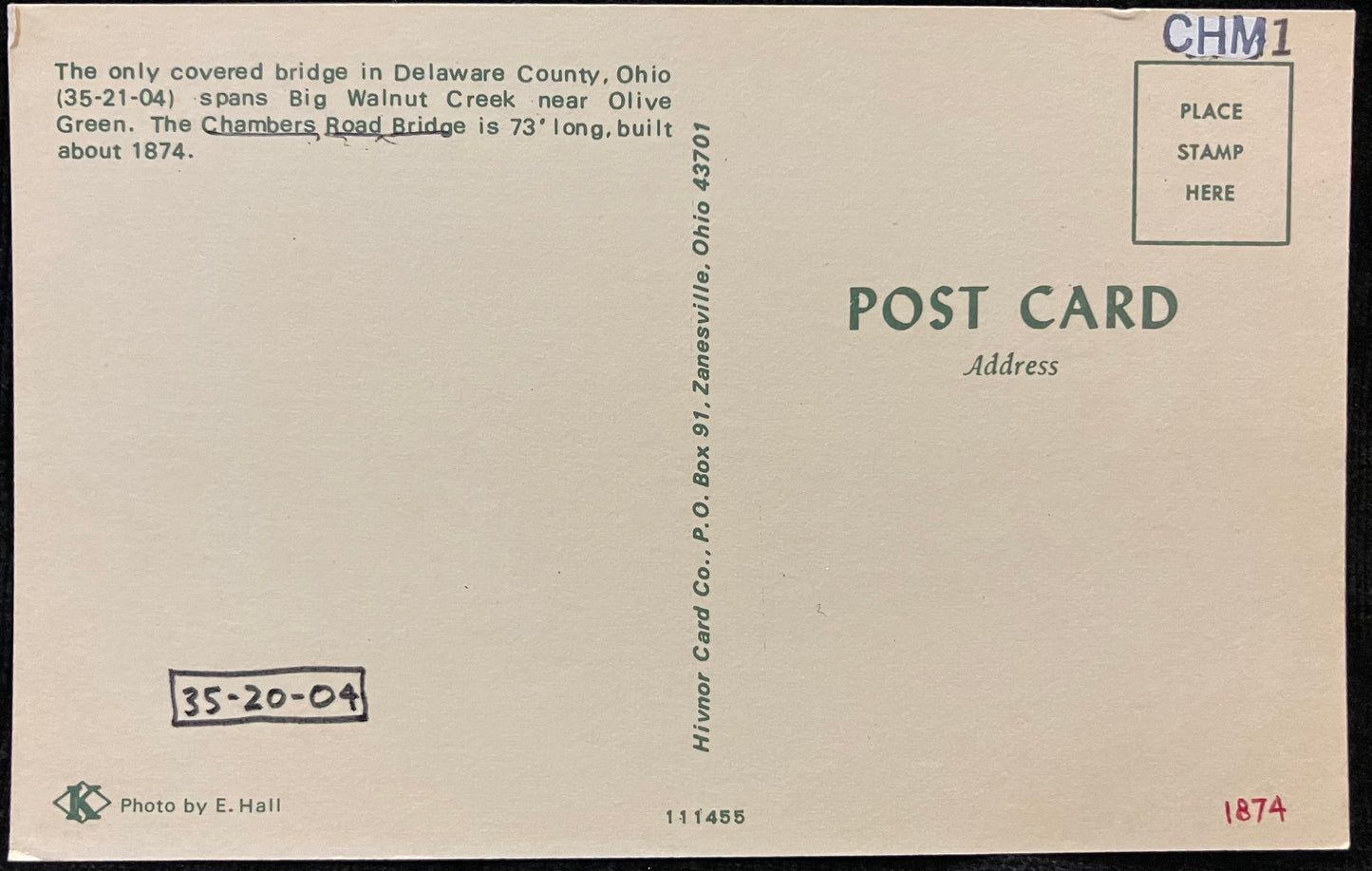 Chambers Road Bridge in Delaware County, Ohio - Photo by E. Hall - Vintage Covered Bridge Postcard
