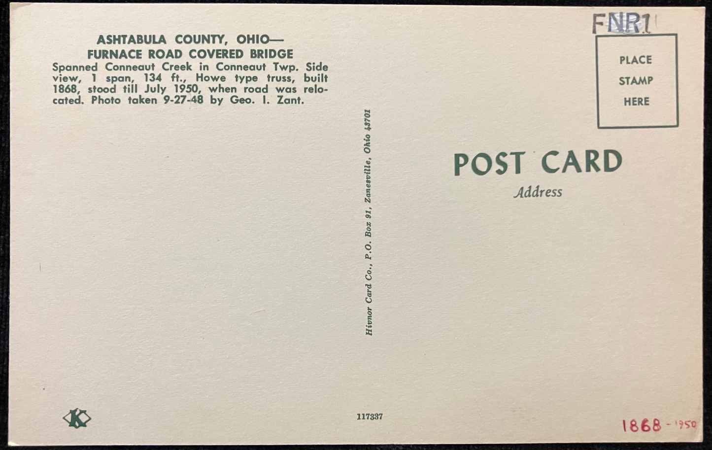 Furnace Road Covered Bridge over Conneaut Creek in Ashtabula County, Ohio - Photo: Geo I. Zant - Vintage Covered Bridge Postcard