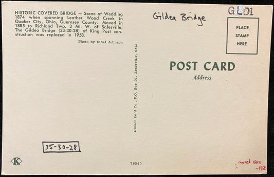 Historic Covered Gildea Bridge, Quaker City, Ohio - Photo by Ethel Johnson - Vintage Covered Bridge Postcard