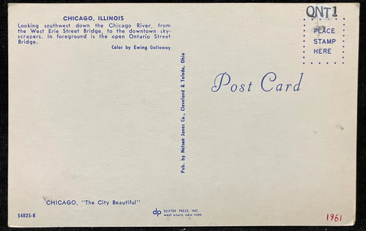 Chicago, Illinois on the River - Color by Ewing Gallaway - Vintage Bridge Postcard