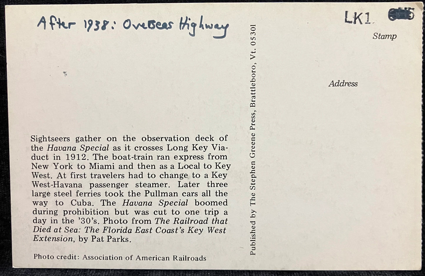 Florida East Coast Railway - Flagler System - Overseas Highway - Photo: Association of American Railroads - Vintage Train Postcard