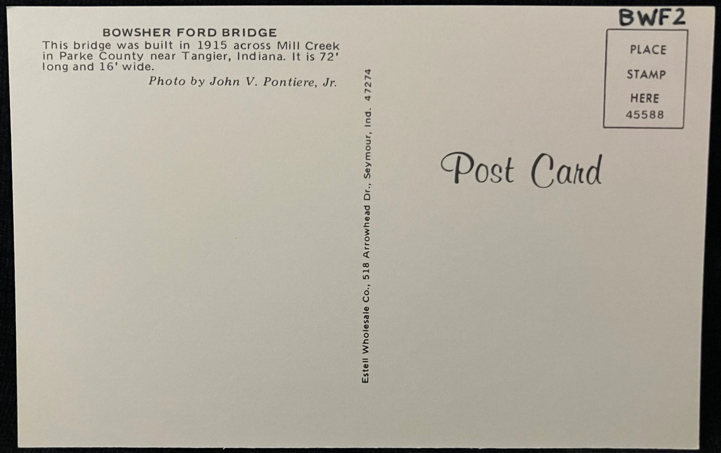 Bowsher Ford Bridge near Tangier, Indiana - Photo by John V. Pontiere Jr. - Vintage Covered Bridge Postcard