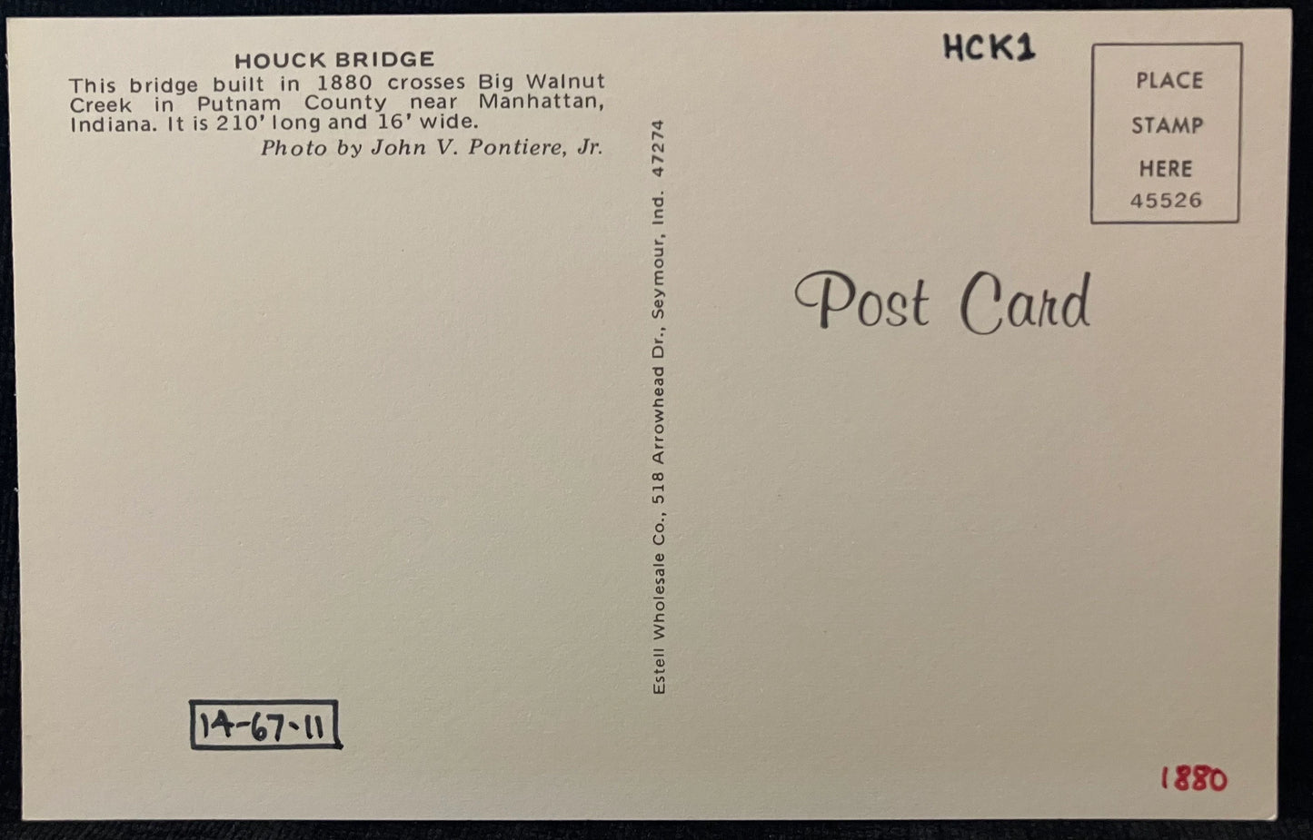 Houck Bridge in Putman County, Indiana - Photo by John V. Pontiere Jr. - Vintage Covered Bridge Postcard