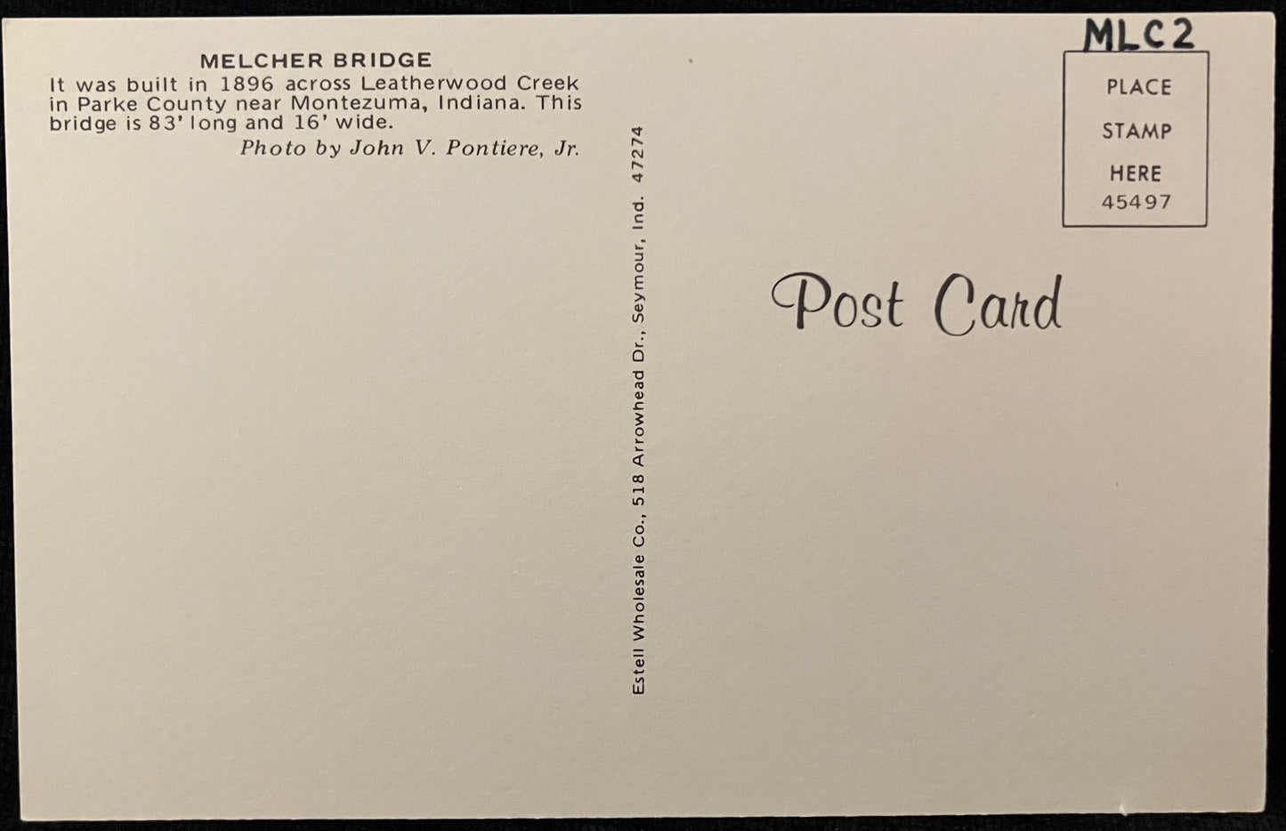 Melcher Bridge in Parke County, Indiana - Photo: John V. Pontiere Jr. - Vintage Covered Bridge Postcard