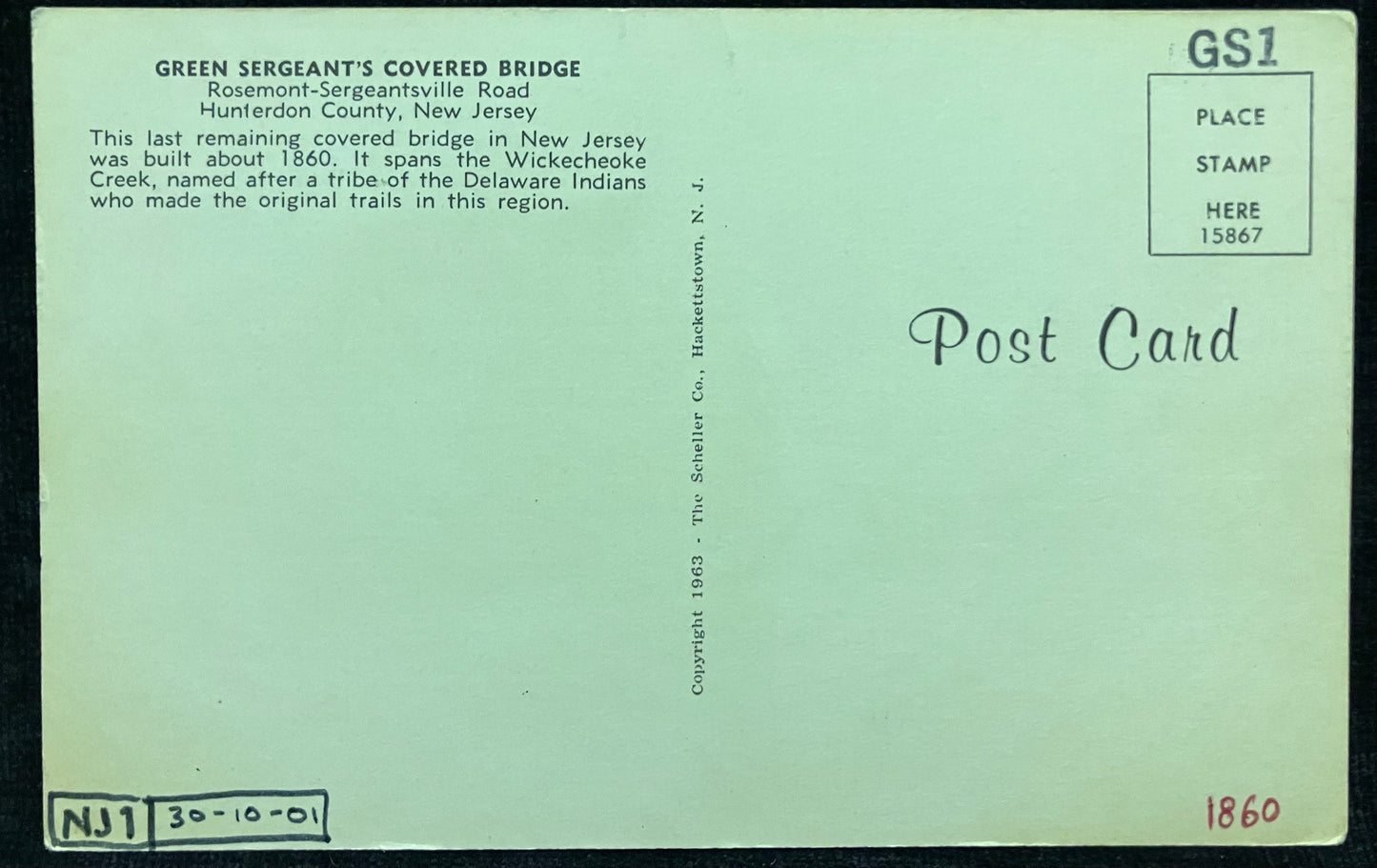 Green Sergeant’s Covered Bridge - Hunterdon County, New Jersey - Last Covered Bridge Remaining in N. J. - Bridge Postcard