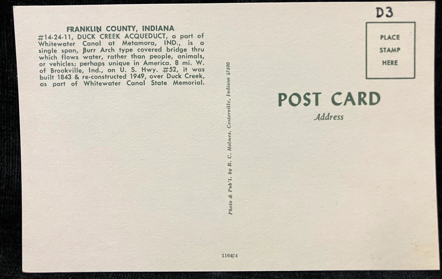 Duck Creek Aqueduct in Franklin County, Indiana - Vintage Covered Bridge Postcard