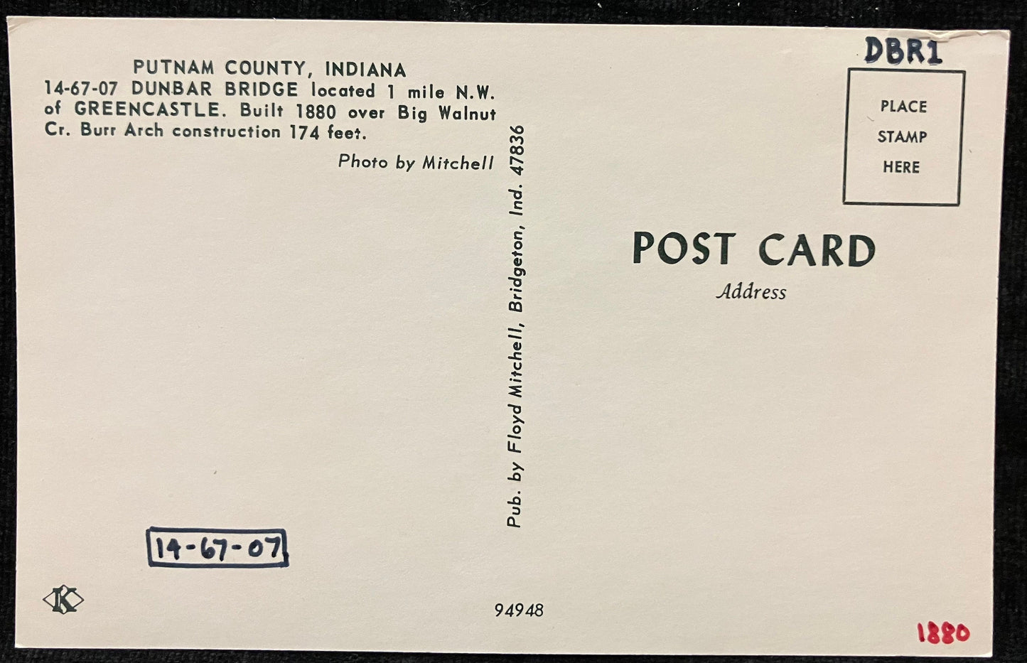 Dunbar Bridge in Putnam County, Indiana - Photo by Mitchell - Vintage Covered wooden Bridge Postcard