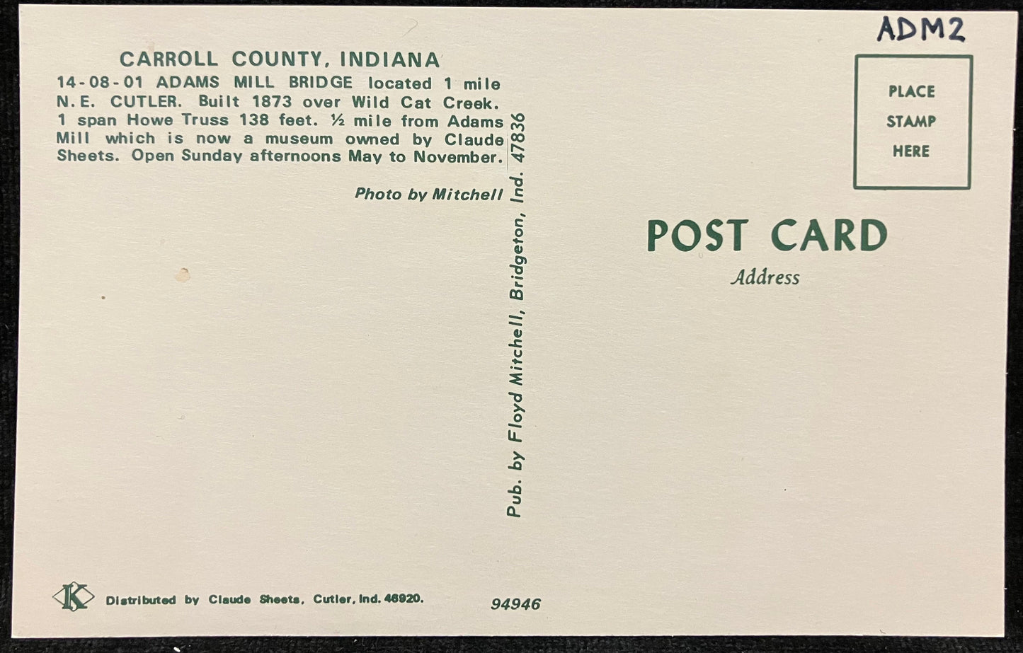 Adams Mill Bridge over Wild Cat Creek in Carroll County, Indiana - Photo: Mitchell - Vintage Covered Bridge Postcard