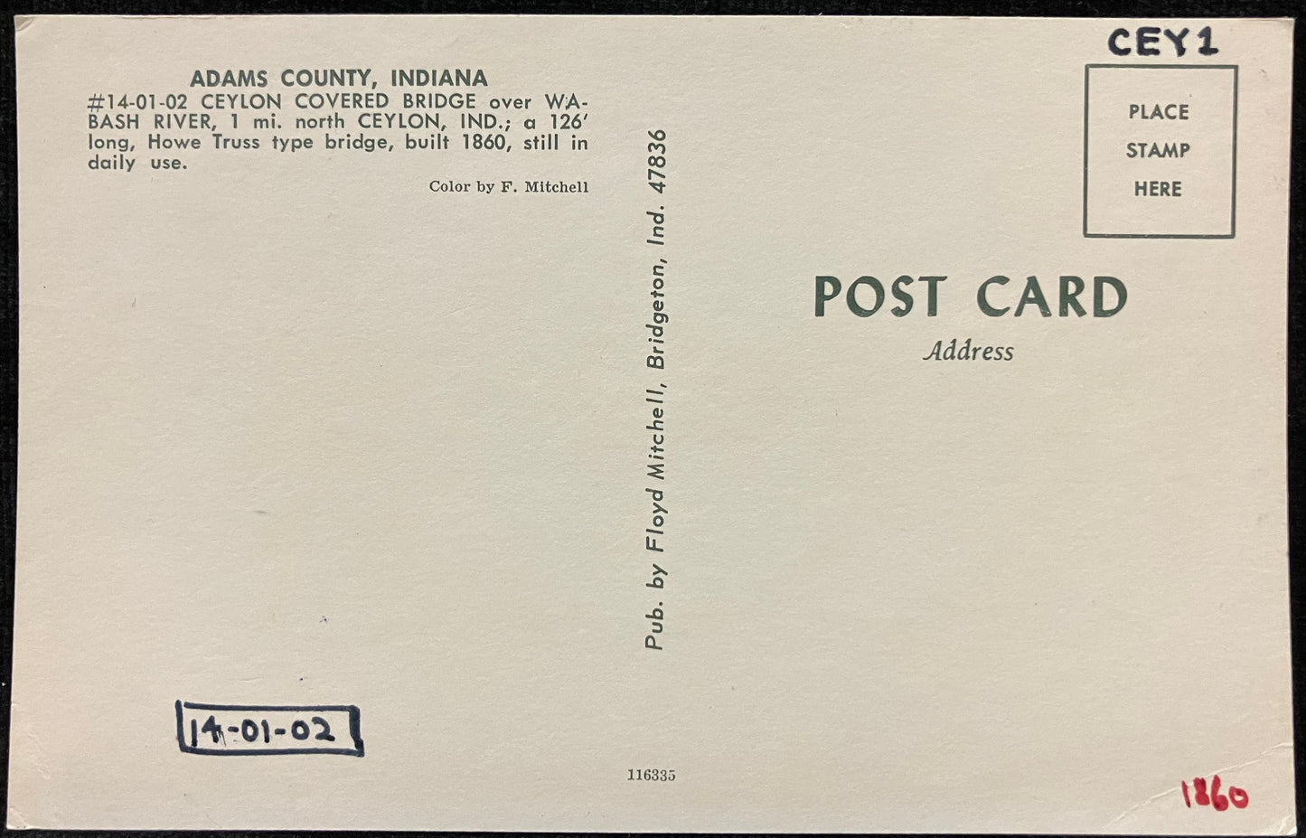 Ceylon’s Covered Bridge over Wabash River in Adams County, Indiana - Vintage Covered Bridge Postcard