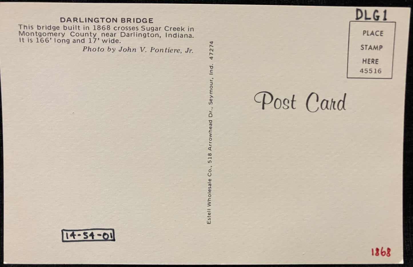 Darlington Bridge over Sugar Creek in Montgomery County, Indiana - Photo by John V. Poitiere Jr. - Vintage Covered Bridge Postcard