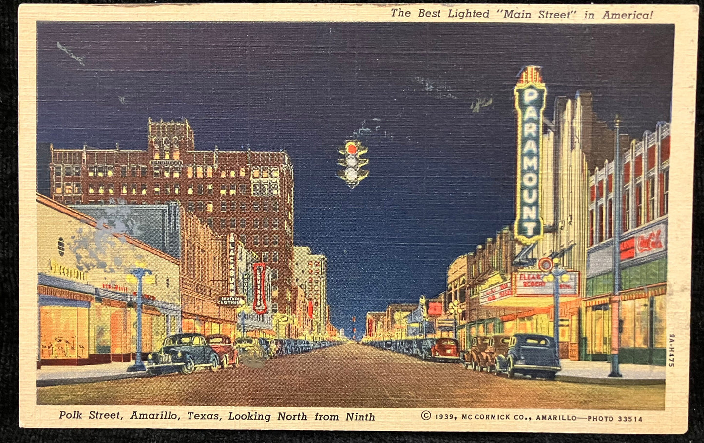 Polk Street, Amarillo, Texas, Looking North from Ninth - The Best Lighted “Main Street” in America! - Houston, Texas - C 1939, McCormick Co. - Vintage Postcard