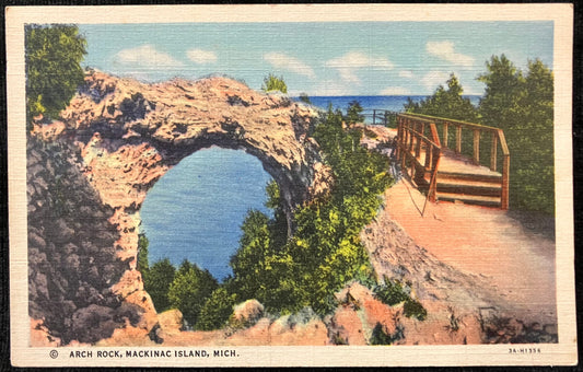 Arch Rock, Mackinac Island, Michigan - Vintage 1930s Postcard - Lake Michigan Island - Famous Michigan Tourist Site - Natural Rock Formation