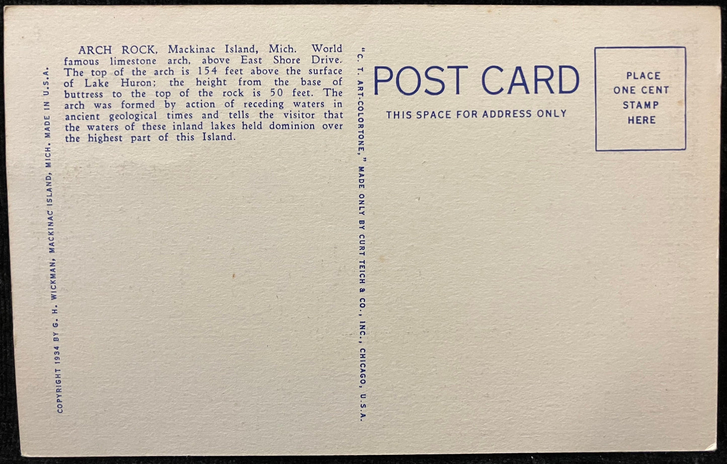 Arch Rock, Mackinac Island, Michigan - Vintage 1930s Postcard - Lake Michigan Island - Famous Michigan Tourist Site - Natural Rock Formation