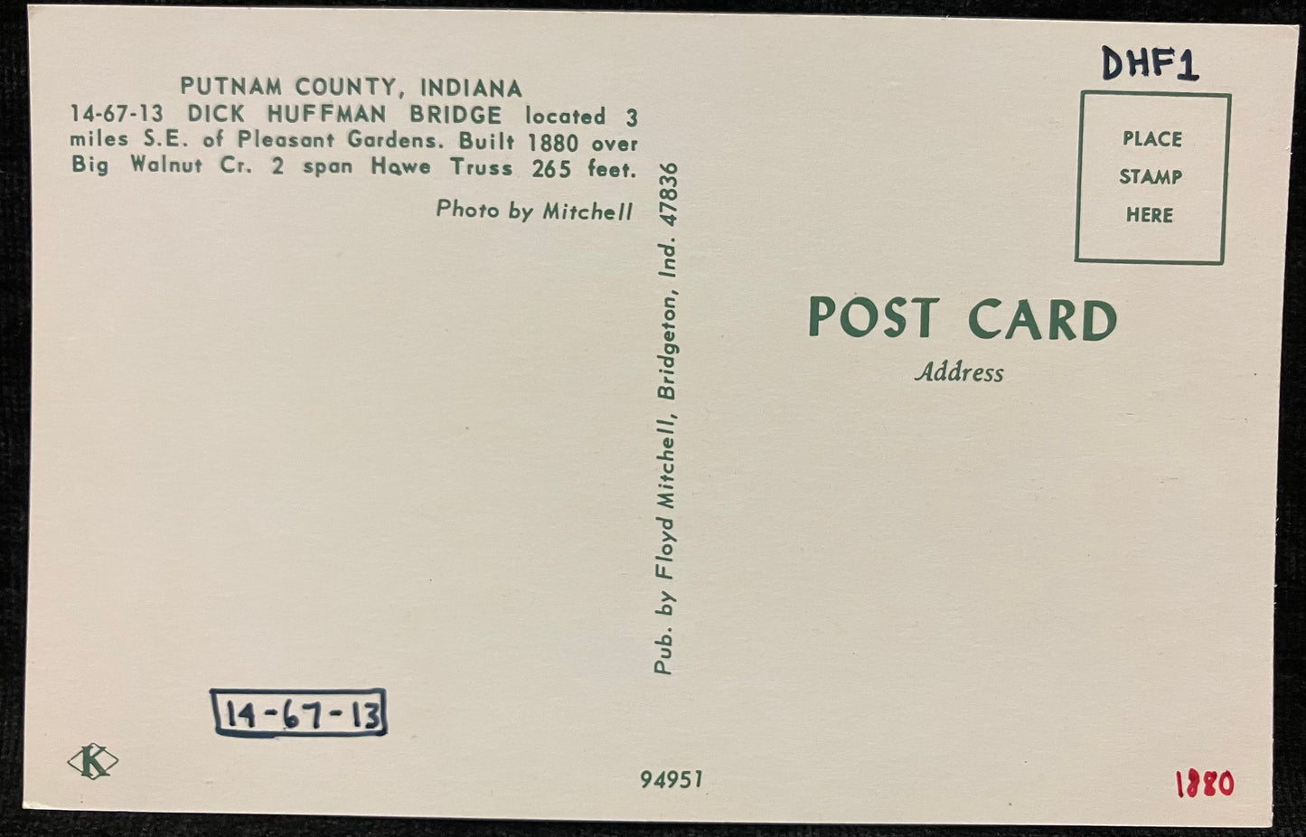 Dick Huffman Bridge in Putnam County, Indiana - Photo: Mitchell - Vintage Covered Bridge Postcard
