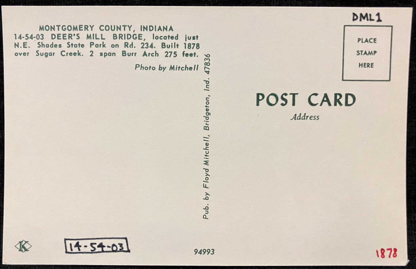 Deer’s Mill Bridge in Montgomery Country, Indiana - Photo: Mitchell - Vintage Covered Bridge Postcard