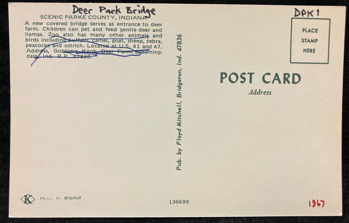 Deer Park Bridge in Scenic Parke County, Indiana - Photo: Mitchell - Covered Bridge Postcard - Indiana Amusement Park -