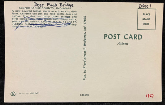 Front: A photo of Deer Park Bridge in Scenic Parke County, Indiana Back: SCENIC PARKE COUNTY, INDIAN