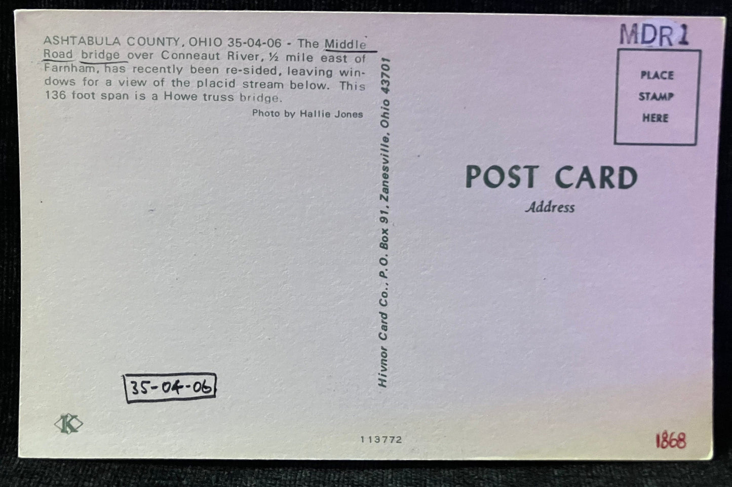 Ashtabula County, Ohio - The Middle Road bridge over Connecticut River -Hallie Jones photo - Vintage Postcard