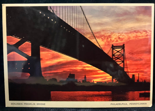 Benjamin Franklin Bridge - Philadelphia, Pennsylvania - Vintage Postcard - Pennsylvania Sunset over the Delaware River