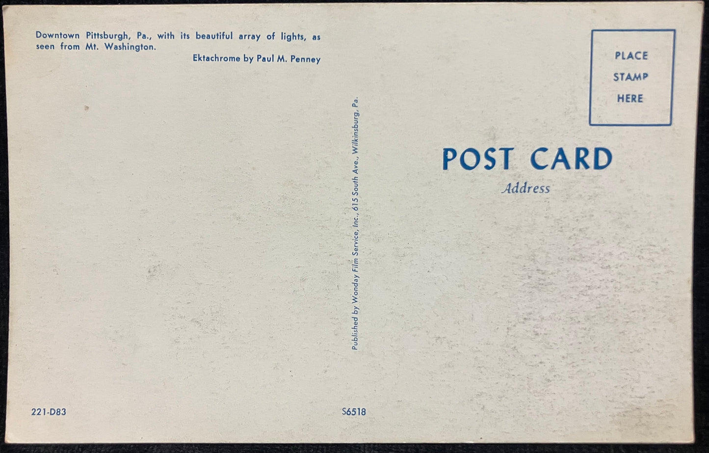 Downtown Pittsburgh, Pennsylvania at Night - Ektachrome by Paul M. Penney - Vintage Postcard Pittsburg Skyline 1960 - Birds eye view Pittsburg