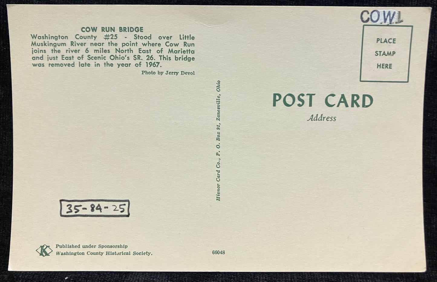 Cow Run Bridge in Washington County, Ohio - Vintage Bridge Postcard