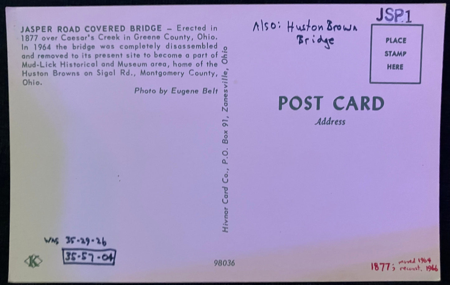 Jasper Road Covered Bridge in Greene County, Ohio - Photo: Eugene Belt - Vintage Postcard - 1877 Covered Bridge over Caesar's Creek