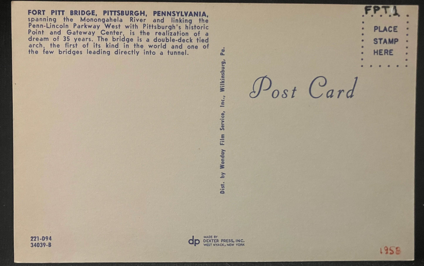 Fort Pitt Tunnel Bridge, Pittsburgh, Pennsylvania - Vintage Postcard - 1950s buses on Tunnel Bridge - First of its KInd