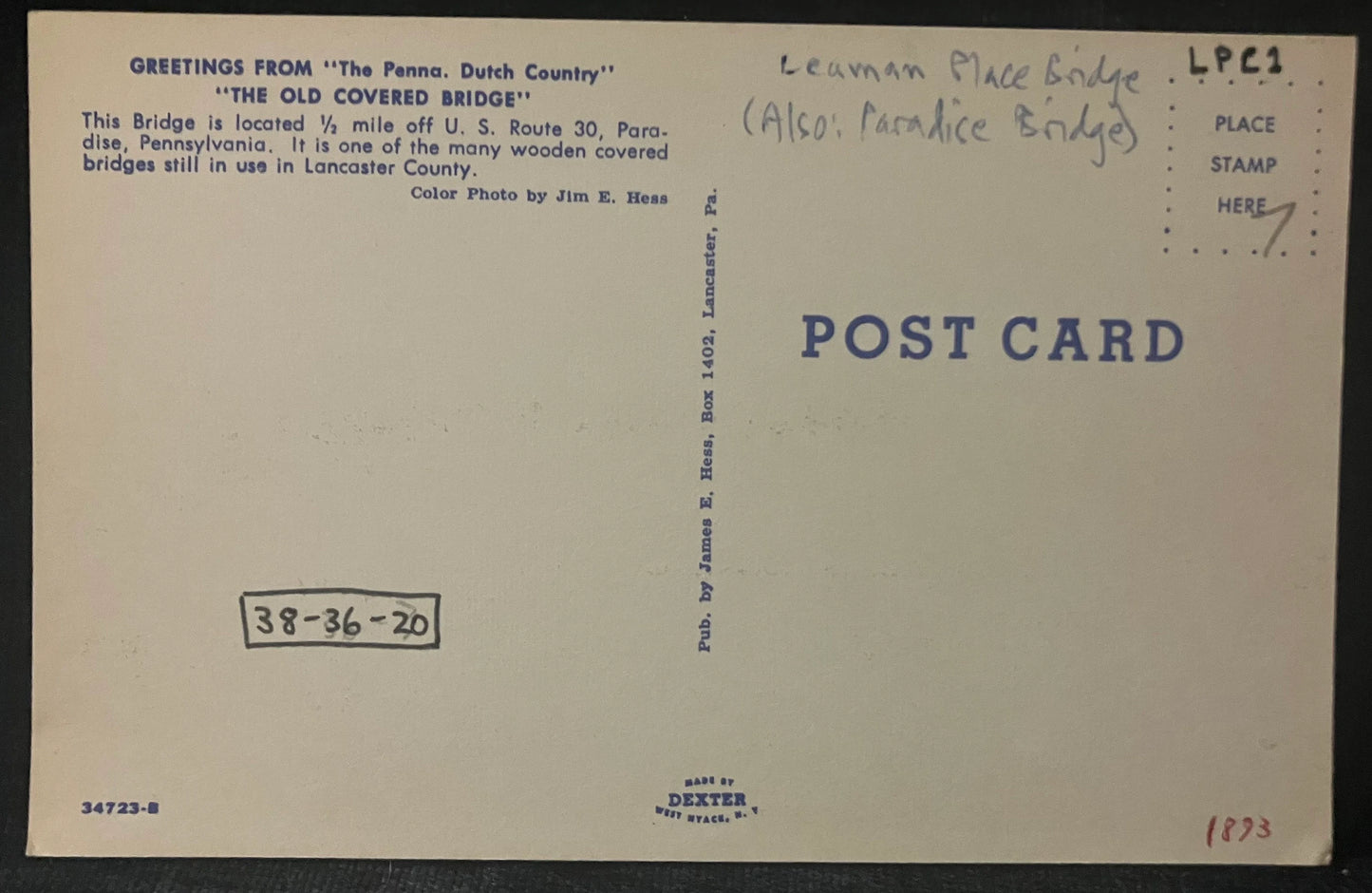 Greetings from "The Penna Dutch Country" - "The Old Covered Bridge" - Photo by Jim E. Hess - Vintage Covered Bridge Postcard