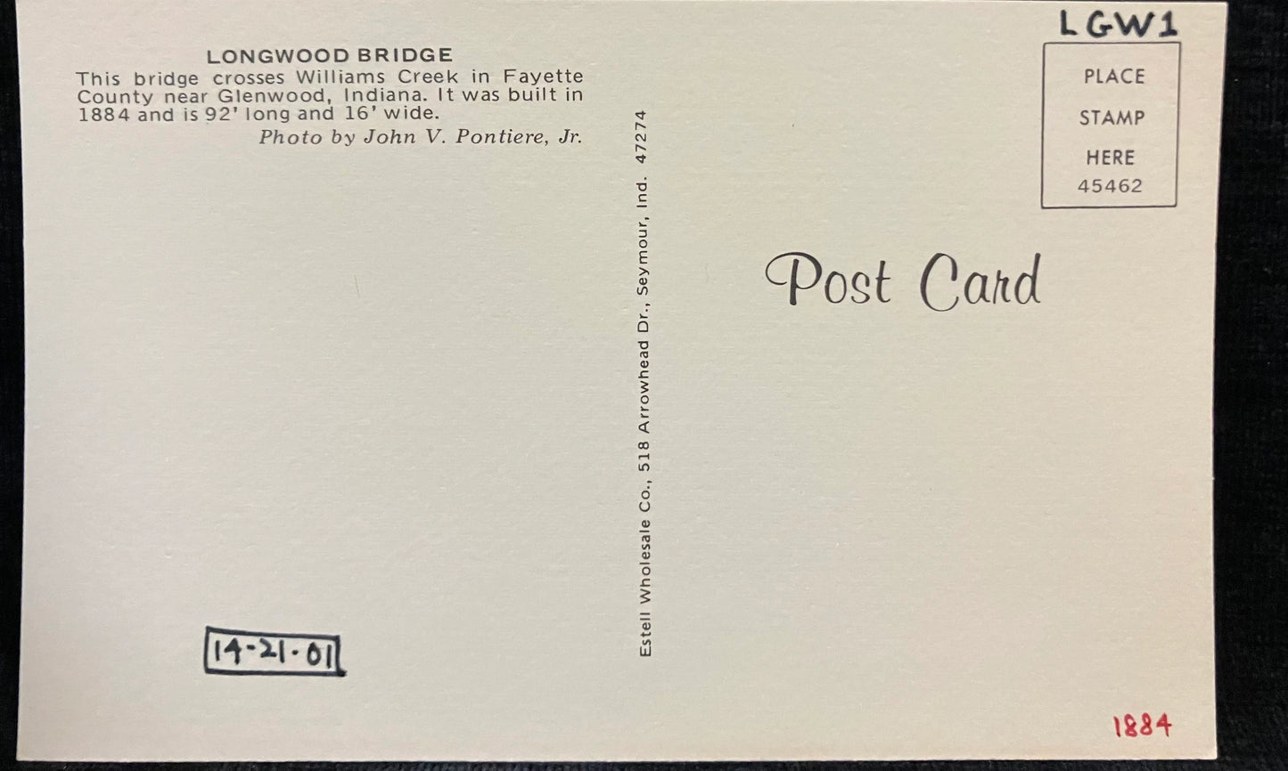Longwood Bridge over Williams Creek near Connersville, Indiana - Photo: John V. Pontiere Jr. - Vintage Covered Bridge Postcard