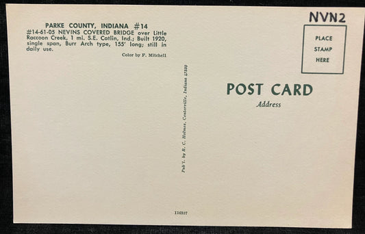 Nevins Covered Bridge in Parke County, Indiana - Color: F. Mitchell - Vintage Covered Bridge Postcar