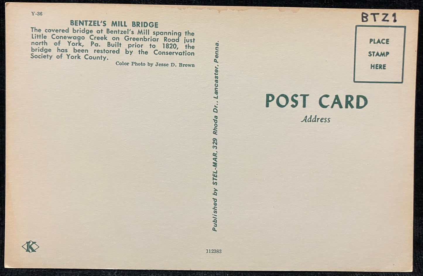 Bentzel's Mill Bridge - Photo: Jesse D. Brown - Vintage Covered Bridge Postcard - Over Little Conewago Creek, York County, Pennsylvania