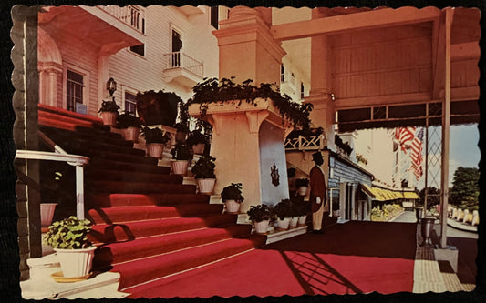 Entrance to the Grand Hotel on Mackinac Island, Michigan - Photo by Lucy Gridley - Vintage Hotel Postcard