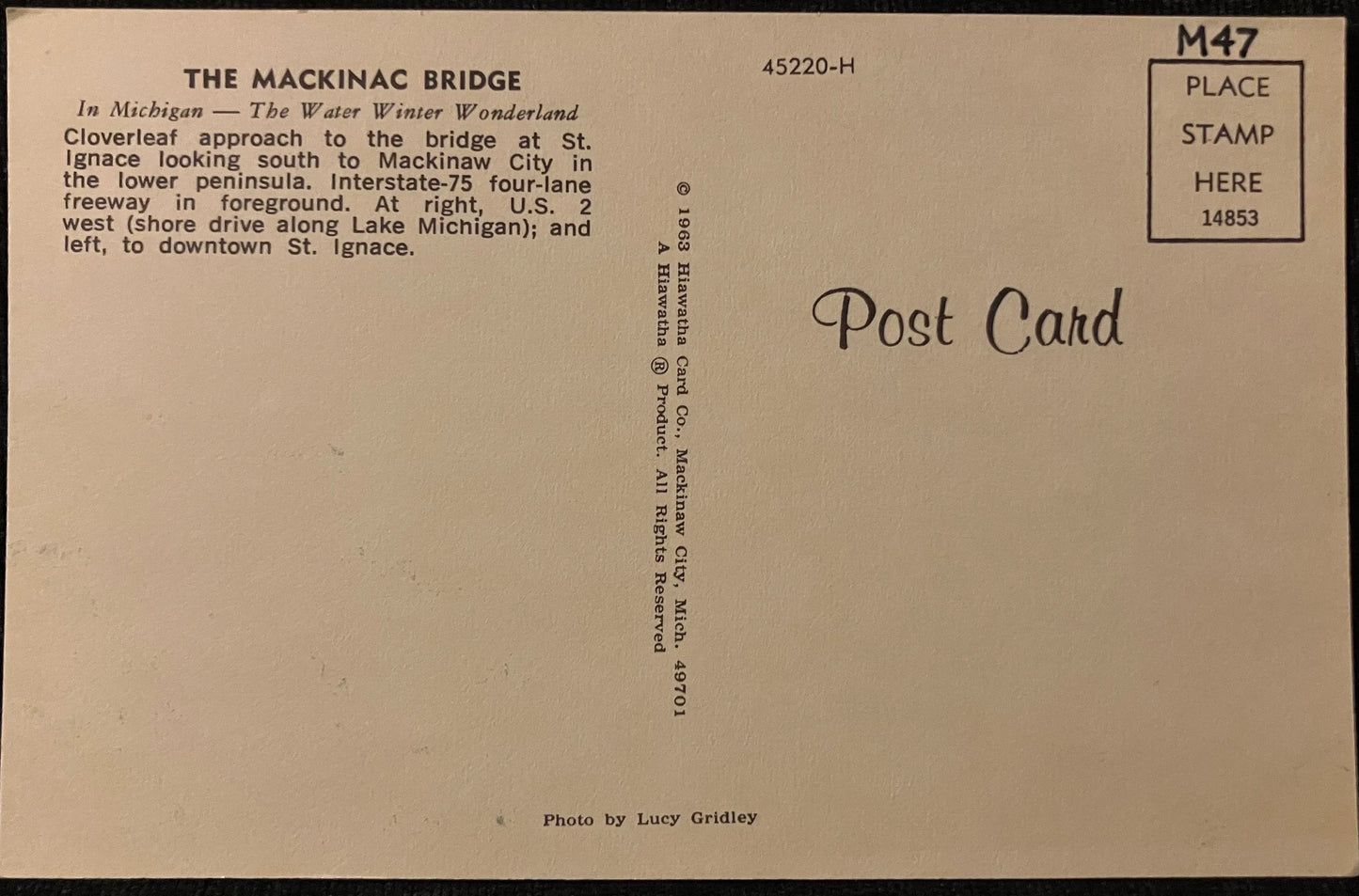 The Mackinac Bridge, Michigan - The Water Winter Wonderland - Photo: Lucy Gridley - Vintage Bridge Postcard