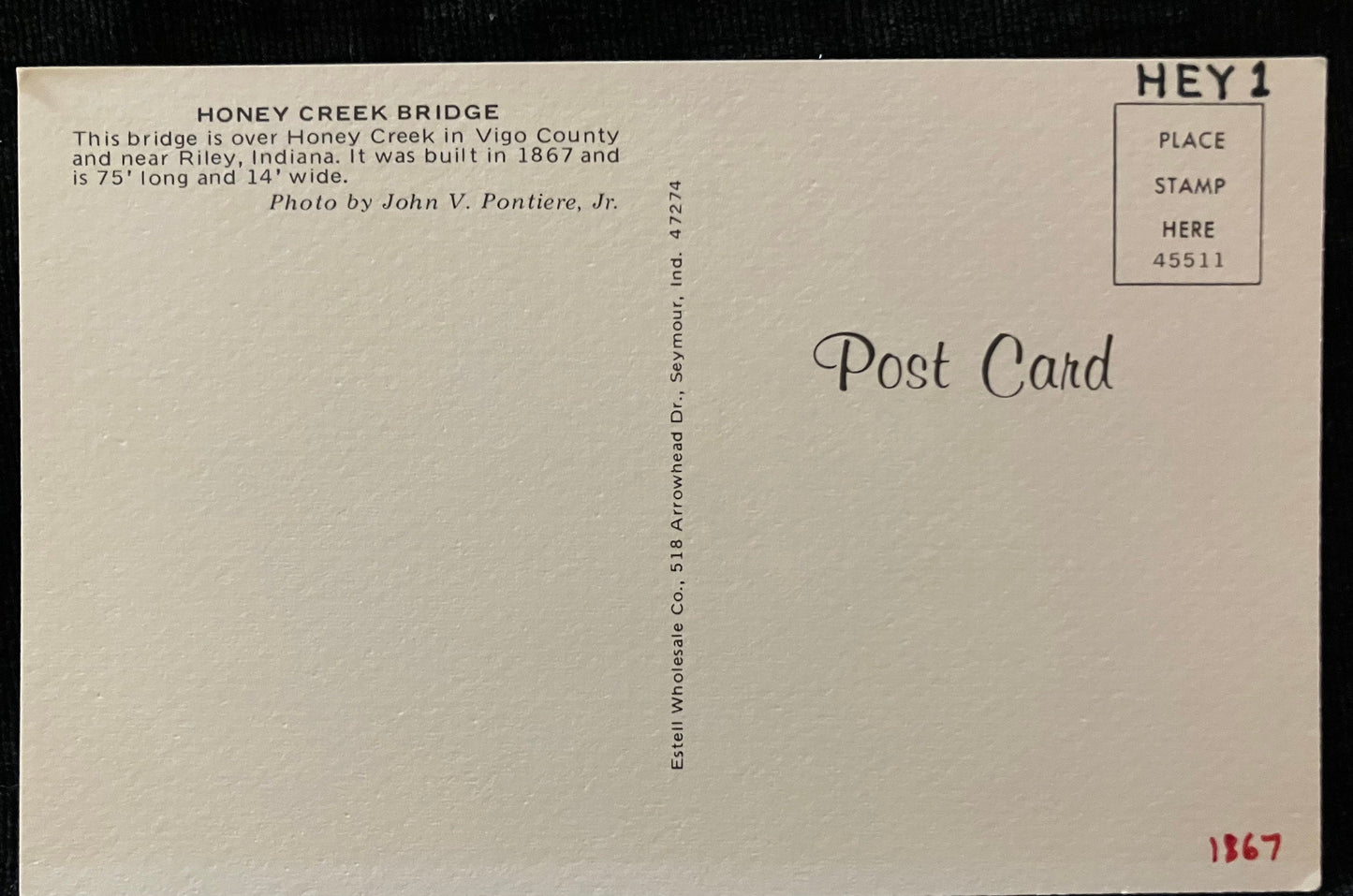 Honey Creek Bridge in Vigo County, Indiana - Photo by John V. Pontiere Jr. - Vintage Covered Bridge Postcard