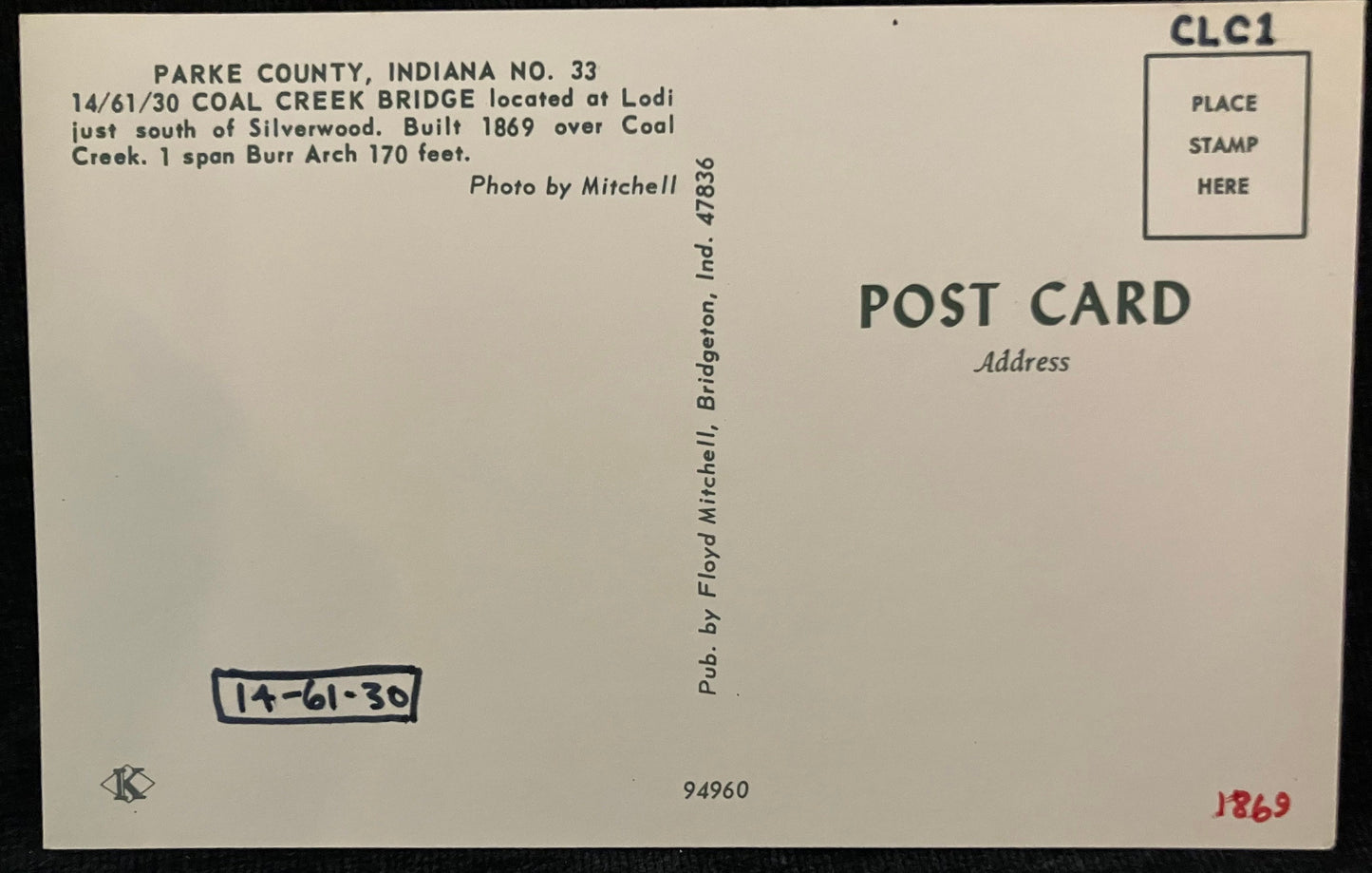 Coal Creek Bridge in Parke County, Indiana - Photo Mitchell - Vintage Covered Bridge Postcard