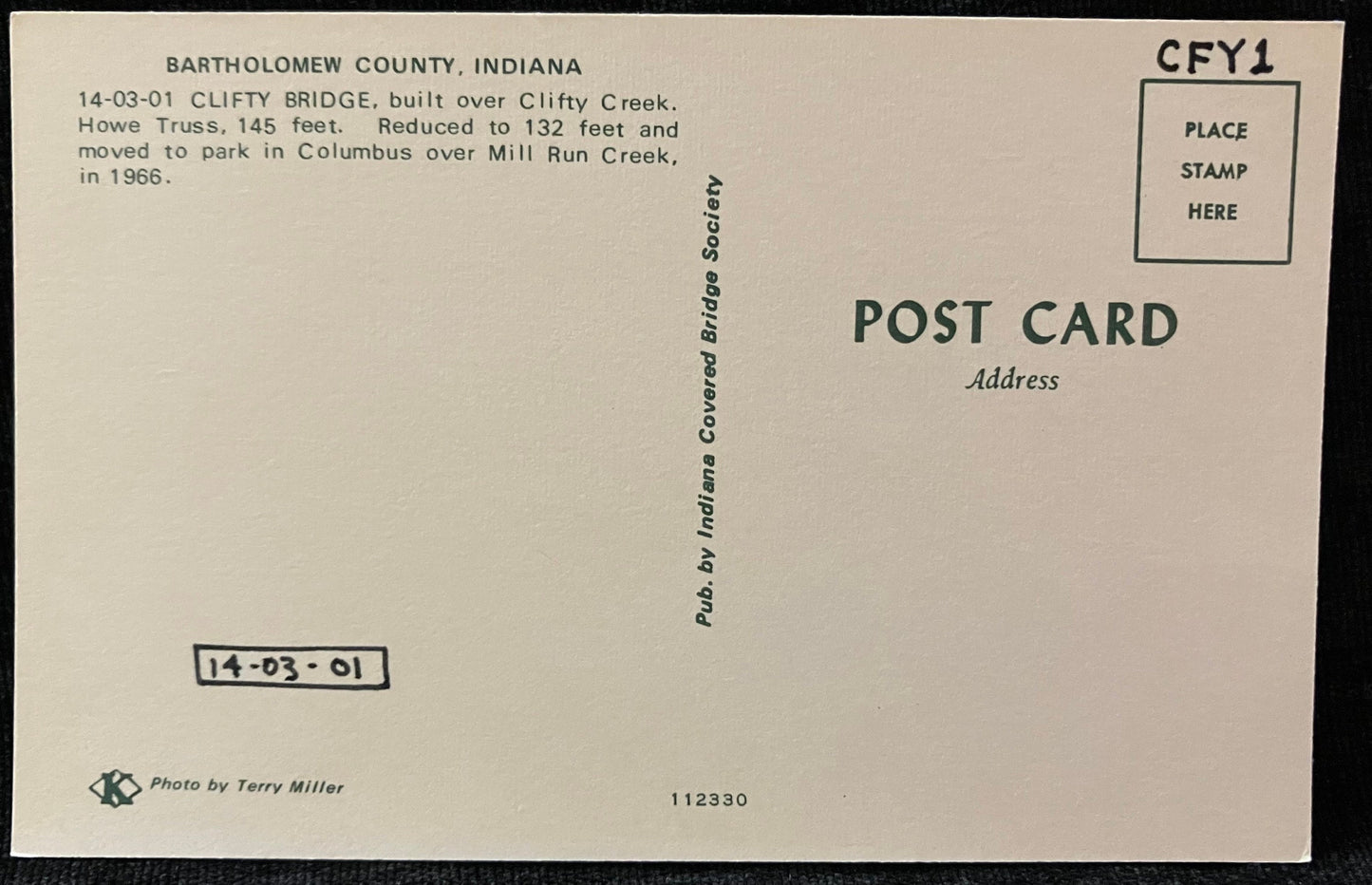 Clifty Bridge in Bartholomew County, Indiana - Photo byTerry Miller - Vintage Covered Bridge Postcard