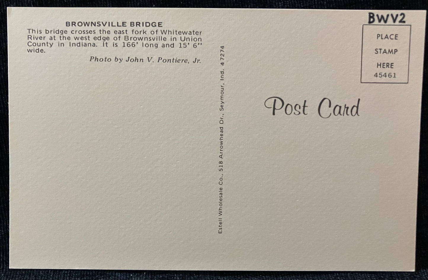 Brownsville Bridge in Union County, Indiana - Photo by John V. Pontiere Jr. - Vintage Covered Bridge Postcard