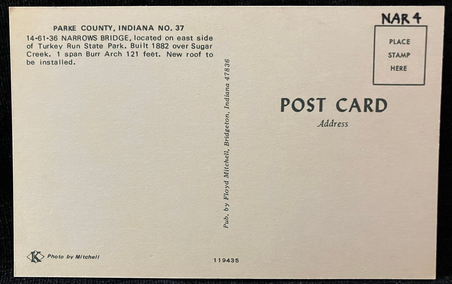 Narrows Bridge in Parke County, Indiana County, Indiana - Photo by Mitchell - Vintage Covered Bridge Postcard