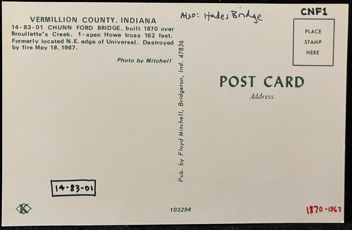 Chunn Ford Bridge in Vermillion County, Indiana - Hades Bridge - Photo by Mitchell - Vintage Covered Bridge Postcard