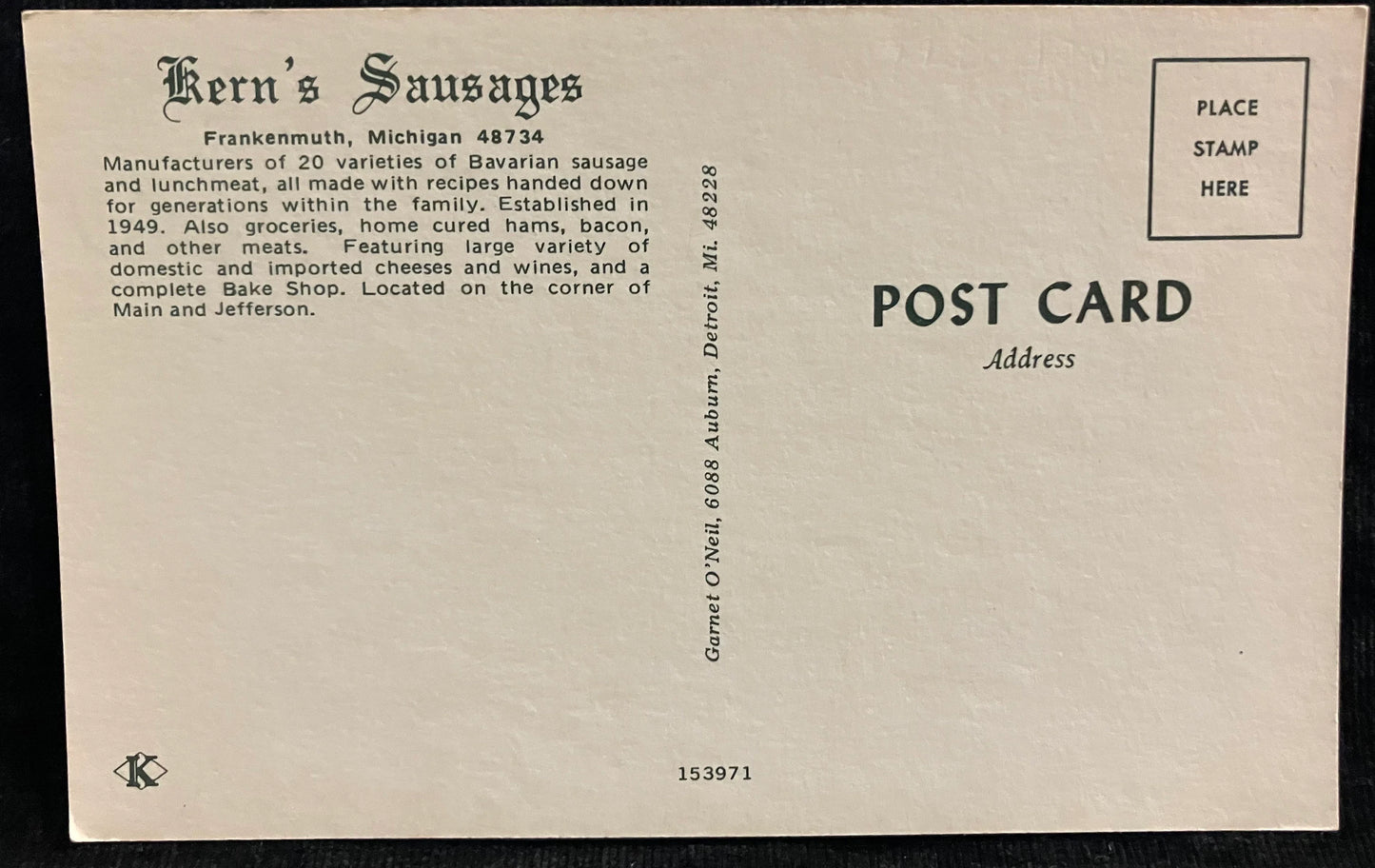 Kern’s Sausages in Frankenmuth, Michigan - Vintage Deli Postcard