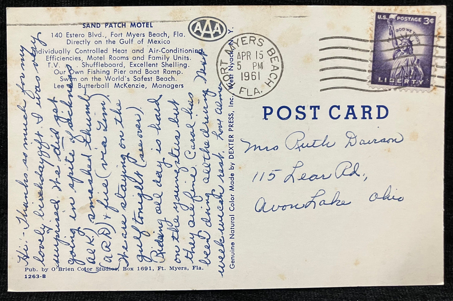 Sand Patch Motel in Fort Myers Beach, Florida - Vintage Motel Postcard