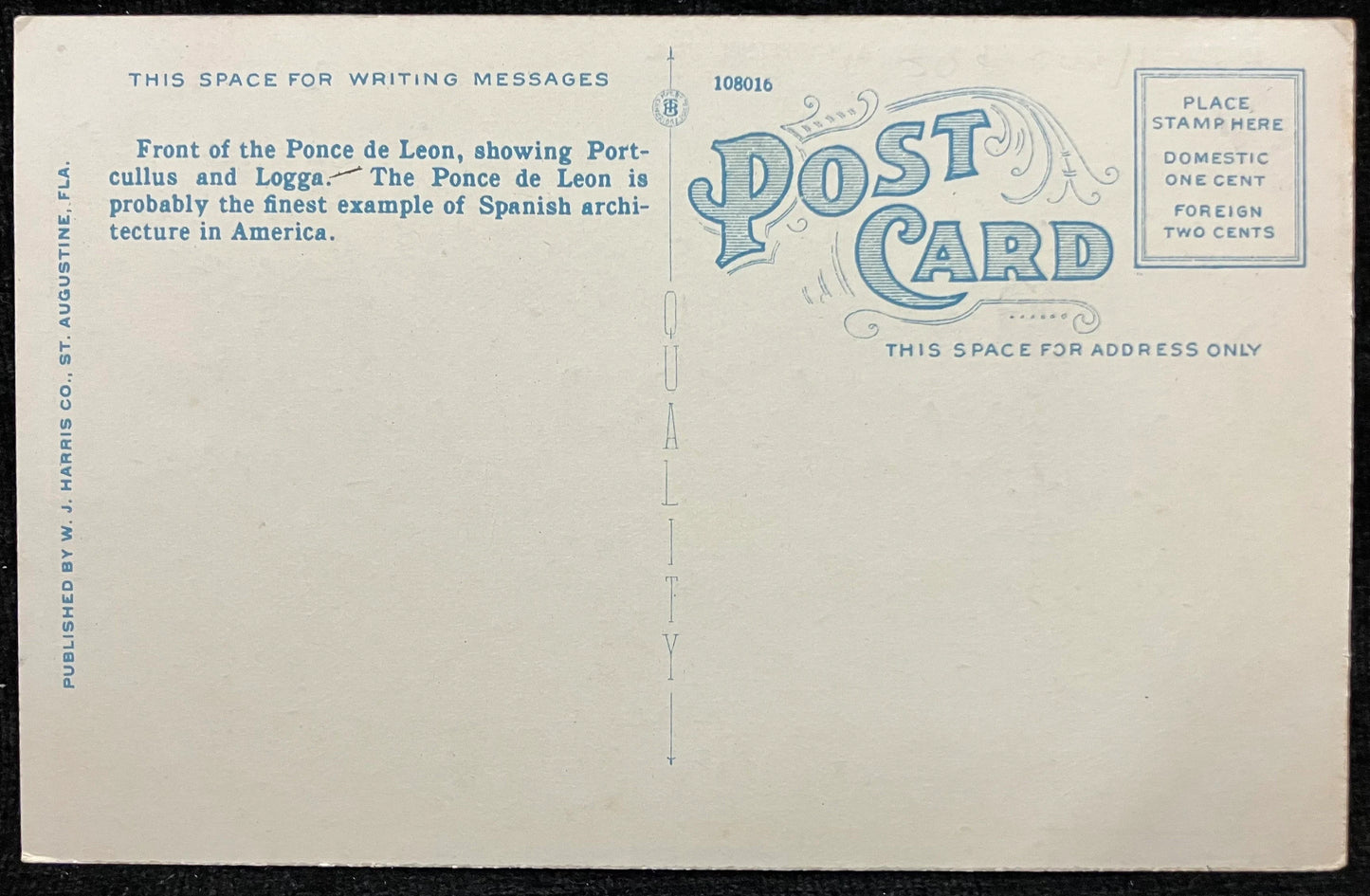 Hotel Ponce De Leon, St. Augustine, Florida - Vintage History Postcard