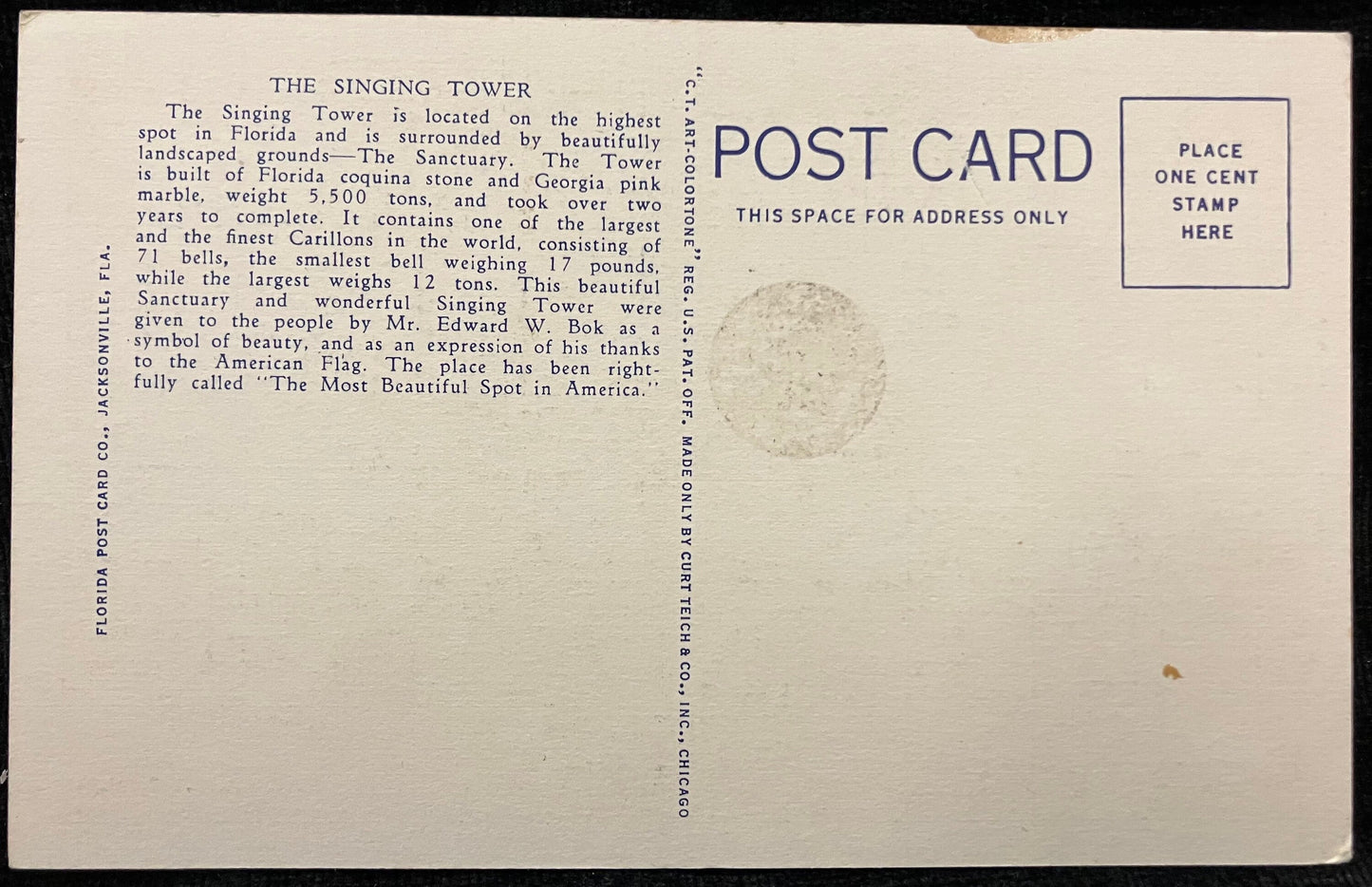 The Singing Tower Mountain Lake Sanctuary, Lake Wales, Florida - Vintage Scenic Postcard