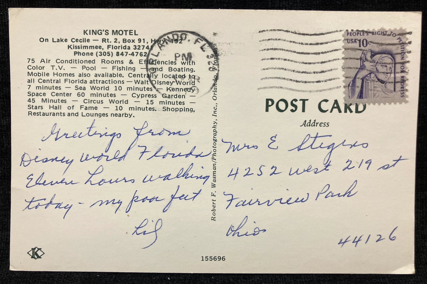 King’s Motel, on Lake Cecile in Kissimmee, Florida - Vintage Motel Postcard