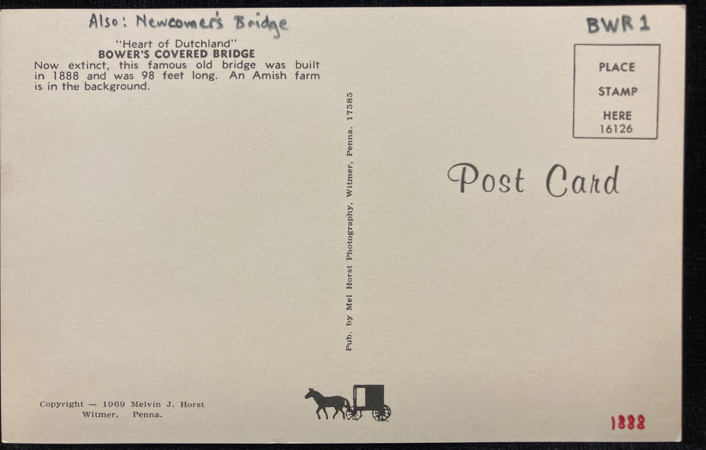 Bower's Covered Bridge in the "Heart of Dutchland" - Pennsylvania - Vintage Covered Bridge Postcard
